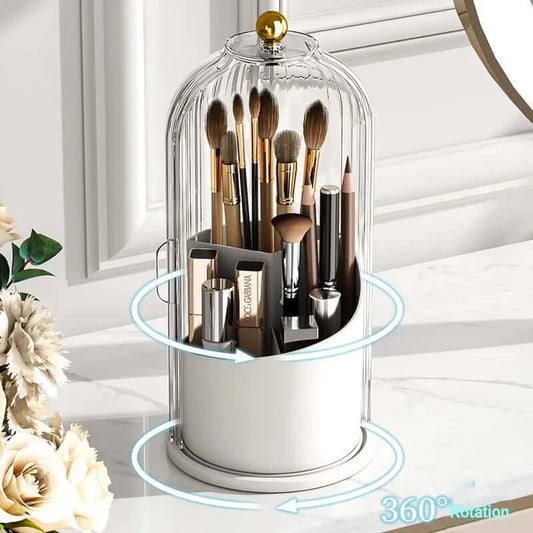 Makeup Brush Holder - With Lid Luxury & 360° Rotating Makeup Brush Organizer